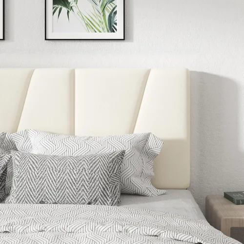 Vista 4 de CXVX Estructura de cama de plataforma de tamaño completo con cabecera tapizada geométrica, sin ruido, soporte de listones de madera, no necesita
