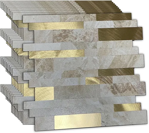 Vista 13 de XUANINY 10 hojas de azulejos metálicos despegar y pegar para protector contra salpicaduras, autoadhesivos de aluminio 3D, adhesivos de pared
