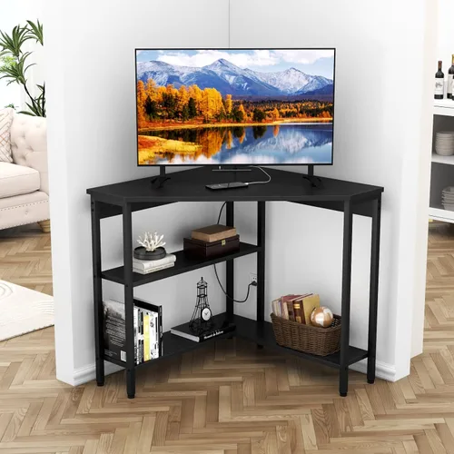 Vista 8 de Escritorio esquinero triangular con tomas de corriente, estantes de almacenamiento para espacio pequeño 90 Degree Corner Table with CPU Stand