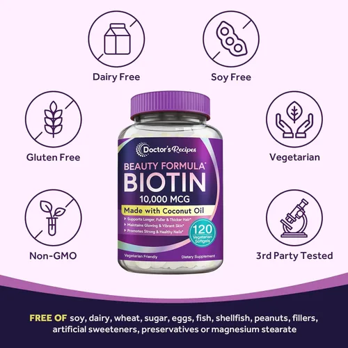 Vista 6 de Doctor's Recipes Biotina 10,000 mcg, crecimiento del cabello, piel y uñas saludables, metabolismo energético, biotina apta para vegetarianos