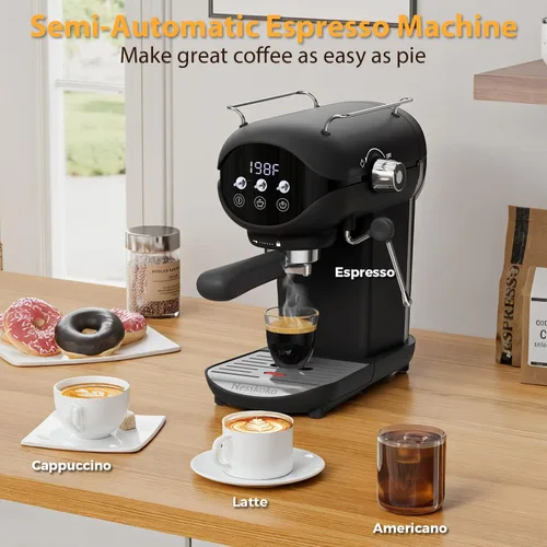 Vista 6 de Cafetera Espresso con espumador de leche a vapor semiautomática de 20 bares, diseño compacto en negro con interruptor de palanca para café espresso
