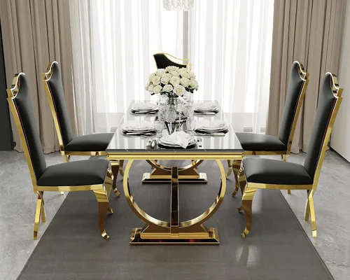 Vista 3 de ACEDÉCOR Juego de mesa de comedor de 5 piezas, mesa de comedor moderna con base en U de metal de acero inoxidable dorado, 4 sillas de comedor