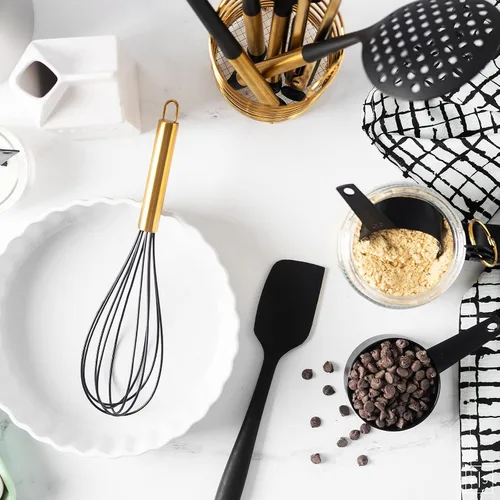 Vista 7 de Juego de utensilios de cocina negros y dorados con soporte de acero inoxidable, utensilios de cocina de nailon de 18 piezas con tazas medidoras