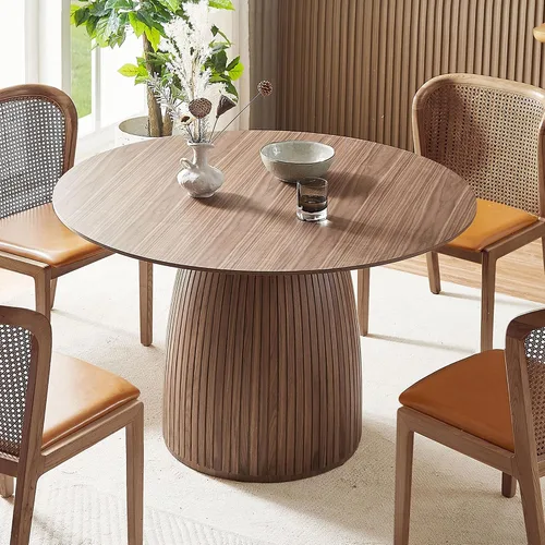 Vista 13 de JUSTONE Mesa de comedor redonda de 47.2'' para 4 personas, mesa de cocina moderna de madera con diseño de rejilla circular base de pedestal, mesa