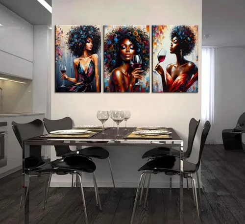 Vista 6 de 3 piezas de arte de pared en lienzo de mujeres afroamericanas, coloridas grafitis, chica afro con vino, pintura moderna, abstracta, estética