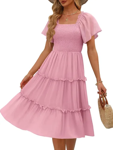 Vista 7 de LILLUSORY Vestido midi fruncido con cuello cuadrado y mangas con vuelo Negro