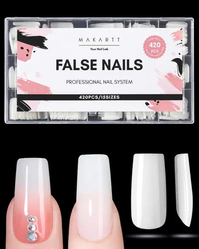 Vista 19 de Makartt Puntas de uñas de almendra blanca natural, 420 uñas postizas a presión de 15 tamaños, uñas postizas de PMMA de cobertura completa