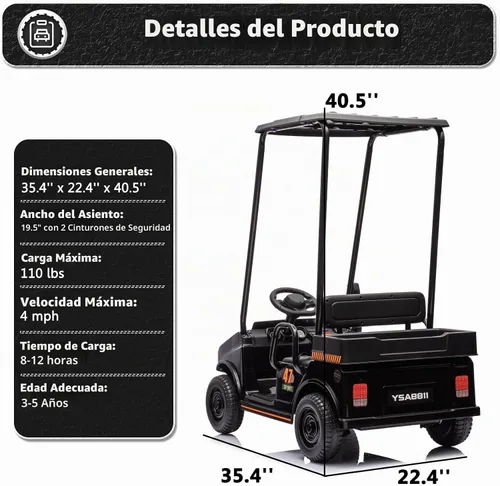 Vista 6 de Carrito de golf de 12 V para niños y niñas de 2 plazas, juguetes eléctricos, color negro