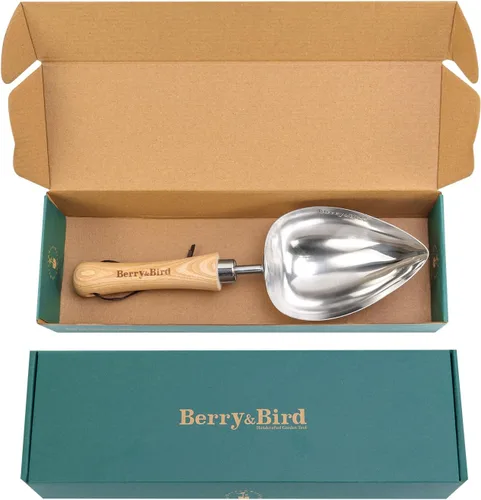 Vista 8 de Berry&Bird Cuchara de tierra de gran tamaño, cuchara de jardinería de acero inoxidable de 12.9 pulgadas con mango de madera de fresno