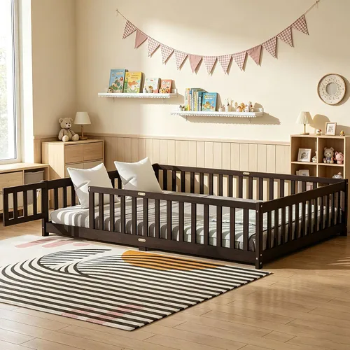 Vista 15 de Cama Montessori de tamaño matrimonial con tablillas, puerta y valla, cama Gris