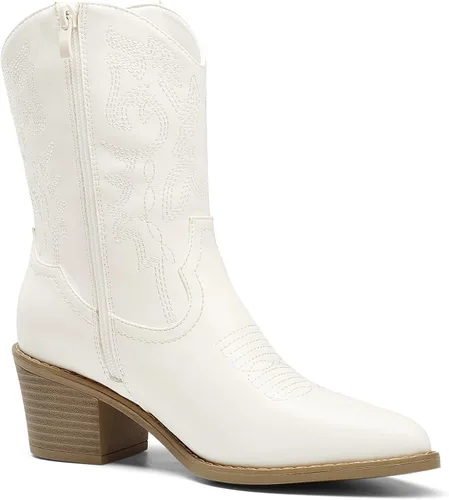 Vista 2 de DREAM PAIRS Botas vaqueras para mujer, puntera puntiaguda, tacón grueso, botas vaqueras con cierre de cremallera, botas occidentales cosidas