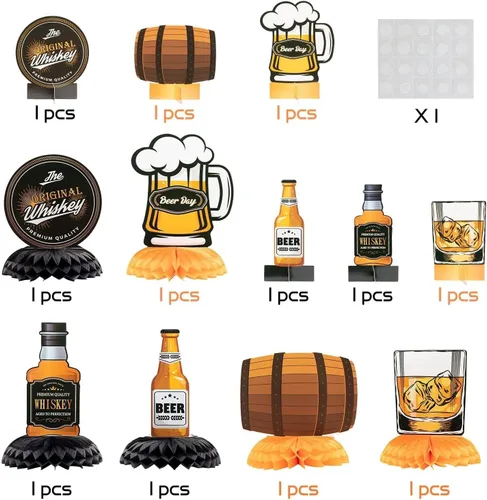Vista 3 de ANGOLIO Centros de mesa de cerveza de whisky – 12 piezas de whisky de panal de abeja para hombres, centro de mesa de 40, 50, 60, fiesta