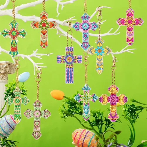 Vista 6 de Glenmal 12 llaveros de pintura de diamante de Pascua, kits de llaveros de arte de diamantes de cruz para adultos, cruces religiosas, adornos 5D