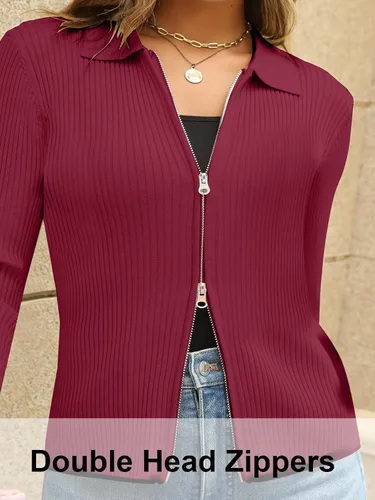 Vista 5 de AFVETUT Cárdigan de punto de manga larga con cremallera para mujer, suéter casual acanalado con frente abierto, cárdigan de color sólido