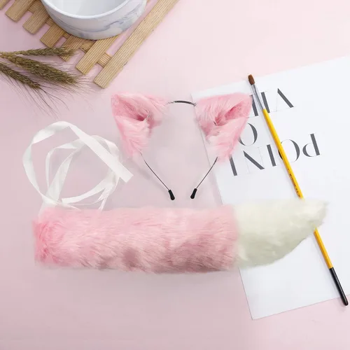 Vista 2 de Conjunto de disfraz de anime de piel sintética con cola de lobo y orejas de gato, accesorios para fiesta