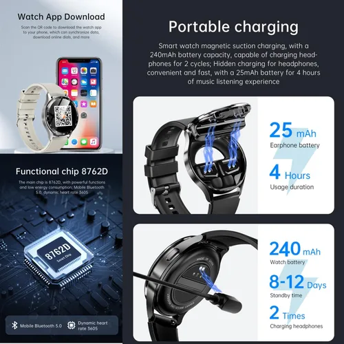 Vista 6 de X10 - Reloj inteligente con auriculares para iPhone, teléfonos inteligentes Android, 1.39 pulgadas, redondo, Bluetooth, llamadas, reloj inteligente