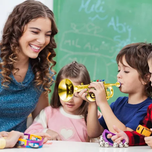 Vista 6 de Lewtemi Juego de 2 instrumentos musicales que incluyen trompeta de juguete y saxofón, trompeta de plástico, juguete educativo de Navidad, regalo