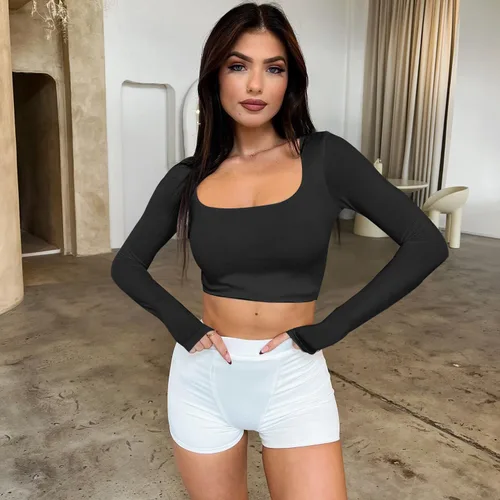 Vista 5 de Camiseta básica de manga larga con cuello cuadrado para mujer, con doble forro