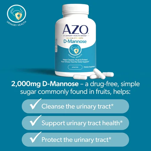 Vista 3 de AZO D Manosa Salud del tracto urinario, limpia, enjuaga y protege el tracto urinario, marca número 1 recomendada por farmacéuticos, fuerza clínica