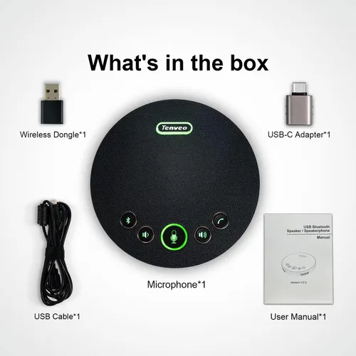 Vista 9 de Tenveo Micrófono de altavoz de conferencia, conectividad Bluetooth/Dongle/USB, 4 micrófonos de ruido AI y captación de sonido de 360°, compatible