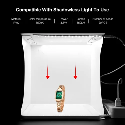 Vista 7 de Caja de luz portátil para fotos de 10 pulgadas, tienda de campaña plegable para estudio de fotografía con barra de luz LED, 20 cuentas LED, 550 lm
