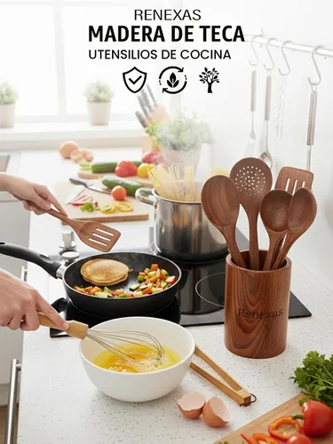 Vista 2 de Juego de utensilios de cocina de madera de teca para cocinar, cucharas