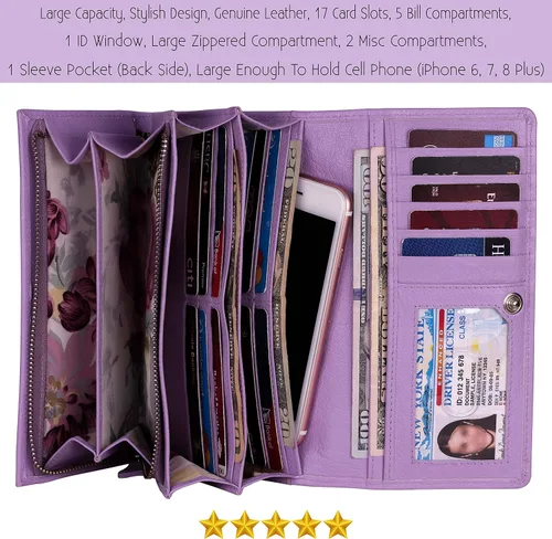 Vista 22 de Mou Meraki - Billetera o bolsa de mano de cuero genuino, con bloqueo de seguridad RFID, con escudo contra el robo de identidad, para mujeres