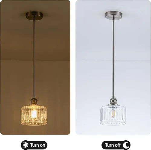 Vista 6 de MAYNA Paquete de 1 lámpara colgante moderna con pantalla de vidrio transparente a rayas, lámparas colgantes vintage de níquel cepillado, luz