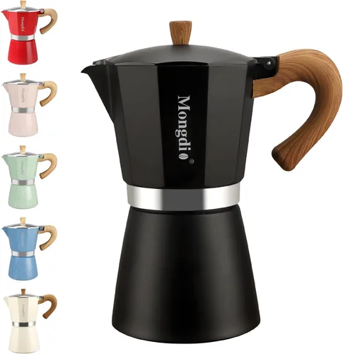 Vista 12 de Mongdio Cafetera de café expreso Moka Pot, cafetera cubana, cafetera de estufa Moka Italian Espresso Greca, cafetera percoladora, 3 tazas de Negro