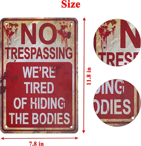 Vista 3 de Letreros metálicos de Halloween No Trespassing We're Tired of Hiding the Bodies Letrero de metal retro a la moda chic divertido letrero de metal