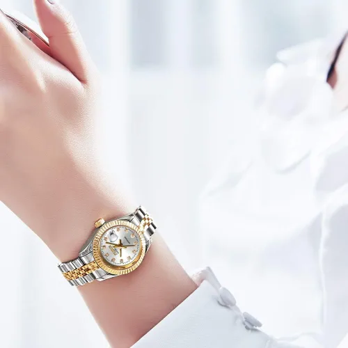 Vista 4 de OLEVS Relojes automáticos para mujer, oro y plata, acero inoxidable, impermeables, con fecha, estilo clásico