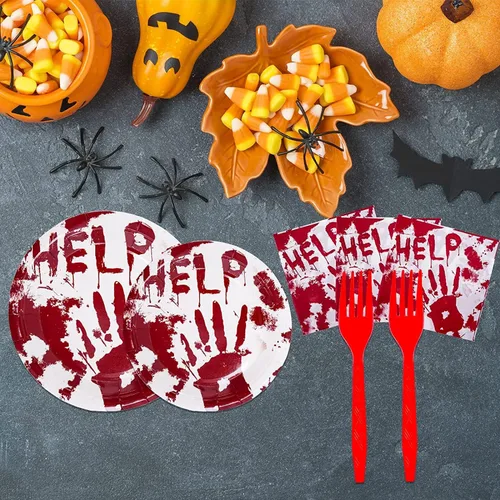 Vista 2 de Bloody Good Time - Juego de vajilla para fiesta de Halloween, calavera zombi, decoración de mesa de fiesta de Halloween, suministros de mesa, platos