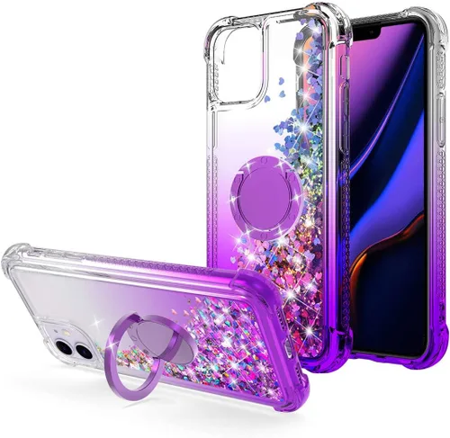Vista 9 de Bling Moving Liquid Floating - Carcasa para iPhone 11 con soporte, color rosa Corazón brillante, TPU, cascada en movimiento, anillo de rotación