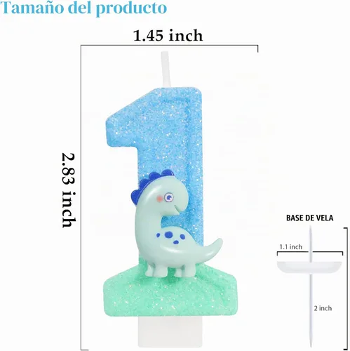 Vista 2 de Vela de dinosaurio azul número 1 para decoración de cumpleaños