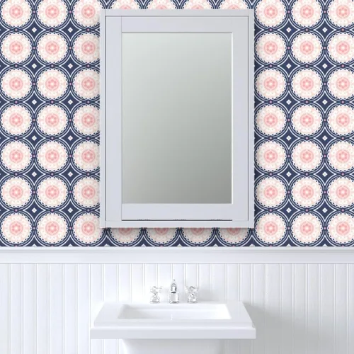 Vista 9 de Spoonflower Navy Pink White Pre-Pasted Removable Wallpaper Sample 12" x 24" Navy Pink White Circle Girls Room Self-adhesive, removable and