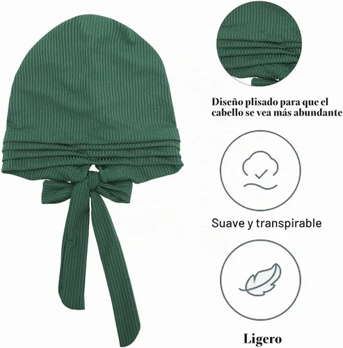 Vista 8 de ZLYC Gorro de quimioterapia para mujer, bufanda suave para la cabeza, gorro elástico Verde sólido