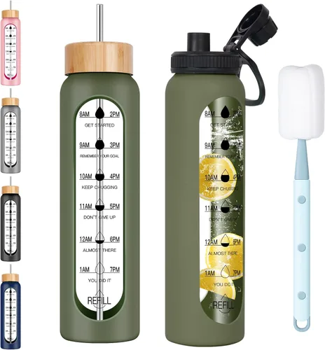Vista 10 de Botella de agua de vidrio de 32 onzas con marcador de tiempo, tapa de boquilla con asa de 2 tapas y tapa de popote de bambú, botella de agua Negro