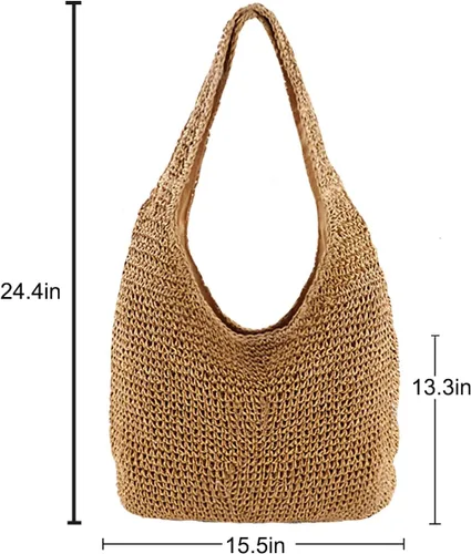 Vista 6 de CHIC DIARY Bolso de hombro de paja tejido a mano para mujer, asas de playa de verano, con cremallera