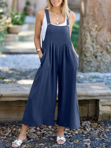 Vista 5 de ANRABESS - Overol de verano para mujer, diseño de lino informal de pierna ancha, sin mangas, con tirantes