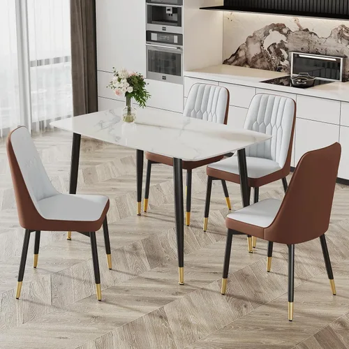 Vista 9 de Ebullient Mesa de comedor para 4, mesa de comedor rectangular de mármol, mesa de comedor de mármol sintético, mesa de comedor moderna con marco