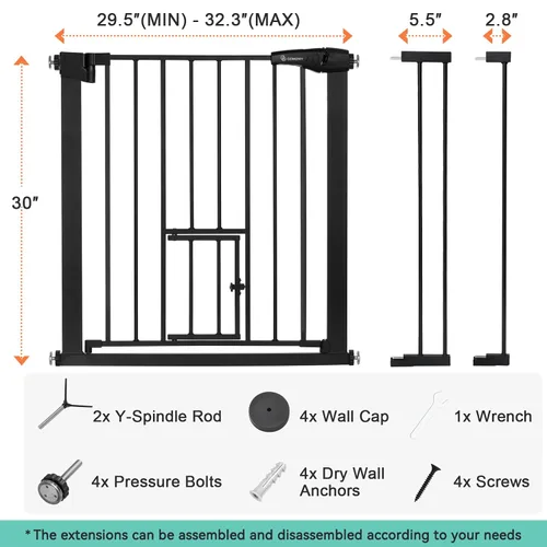 Vista 2 de COMOMY Puerta de bebé con cierre automático con puerta para gatos, puerta extra ancha para perros de 29.5 a 40.5 pulgadas para puertas de casa