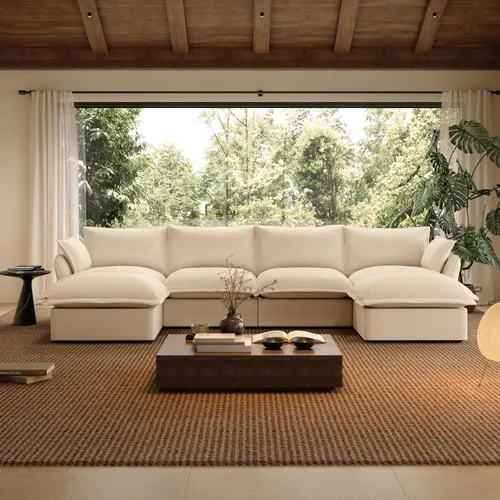 Vista 19 de Sofá modular de mezcla de lino para sala de estar, cómodo sofá modular con relleno de plumón, moderno sofá cama convertible con asiento profundo Café
