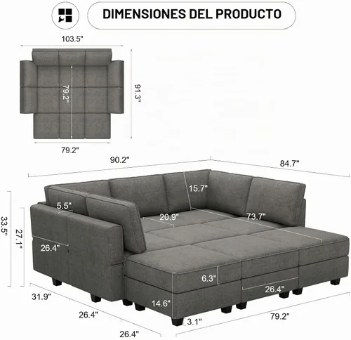 Vista 2 de Belffin Sofá Cama Seccional Modular con Otomana de Almacenamiento, Sofás Seccionales Convertibles para Sala de Estar, Chaise Reversible Terry. Sofá