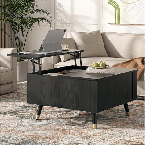 Vista 15 de SULIVES Mesa auxiliar ovalada con almacenamiento, mesa de centro multifuncional con tambor elevable, pequeña mesa central acanalada para sala