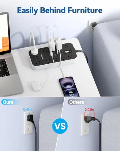 Vista 4 de Cable de extensión con puertos USB - Regleta de alimentación de 5 pies con USB, 1625 W con 11 tomas de corriente alterna, 6 USB (24 W/4.8 A)