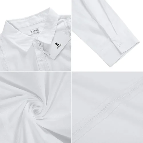 Vista 5 de JEKAOYI Camisas de lino con botones para hombre, estilo casual, manga larga, ajuste regular, de algodón, con bolsillo
