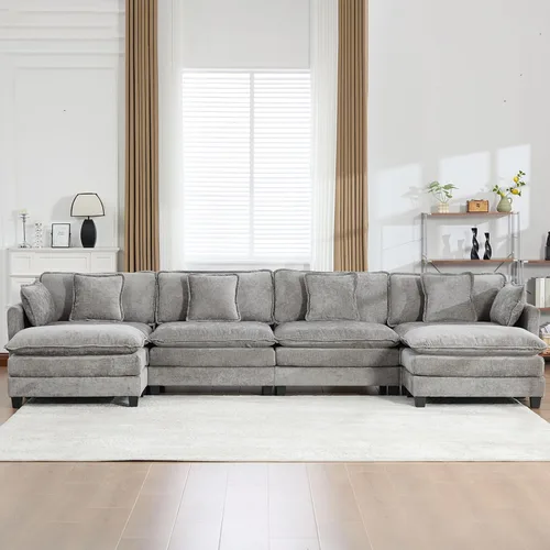 Vista 135 de Sofá seccional modular verde de 111.5", sofás seccionales grandes de 3 plazas para sala de estar, sofá nube oversized de tela chenille con otomana