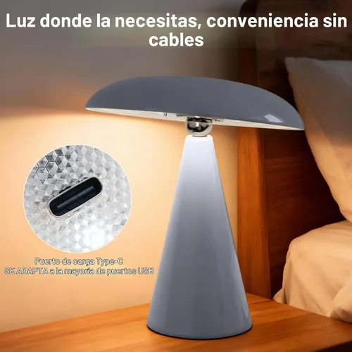Vista 4 de Lámpara de setas de mediados de siglo moderna, lámpara de mesa LED recargable sin cable, luz de cabecera regulable táctil de 3 temperaturas