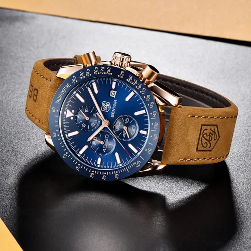 Vista 4 de BENYAR - Relojes de cuarzo para hombre cronógrafo de lujo impermeables a la moda de cuero marrón para hombre