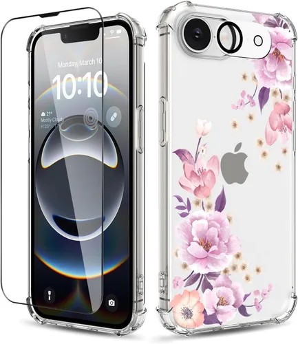 Vista 8 de Funda para iPhone 14, [3 en 1] con protector de pantalla y protector de lente de cámara, diseño de patrón de flores, transparente, suave, a prueba